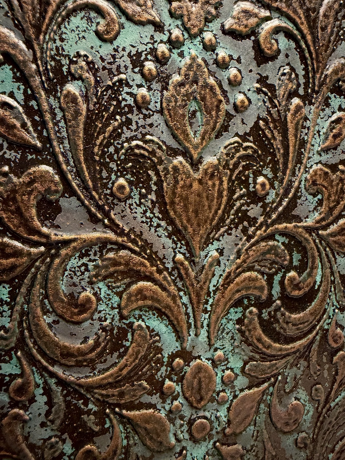 Original MARDE ornamental relief photograph with aged liquid bronze and turquoise patina