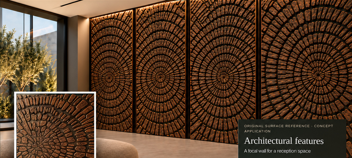 Approved conceptual view of the Ancient Spiral reception feature wall divided into four visibly separated vertical panels; no floor uplighting