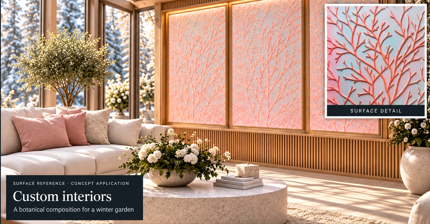 Approved concept rendering of Branch in a sunny conservatory with three large botanical relief panels and lounge seating