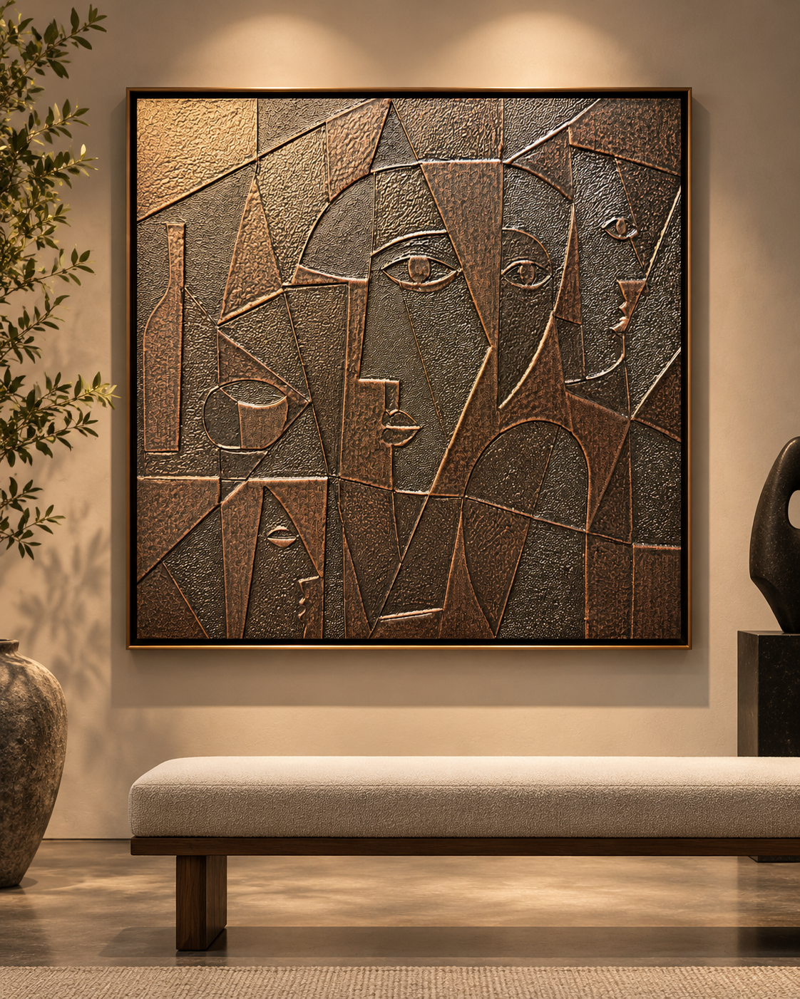 Conceptual gallery visualization of the bronze-toned cubist relief artwork in a dark metallic frame, with architectural lighting and an upholstered bench; not a completed installation