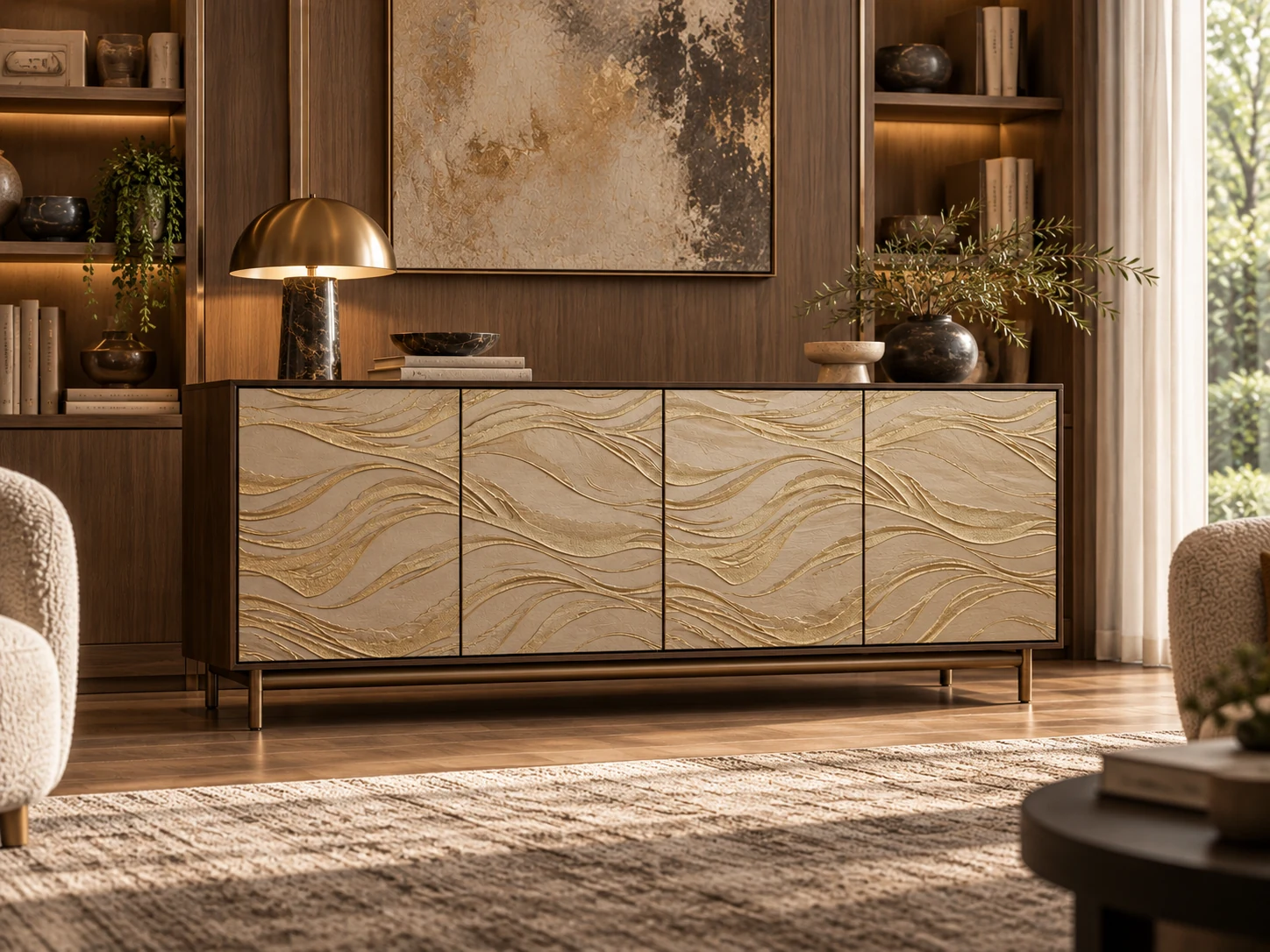 Concept visualization of a four-door credenza with pale gold Silk Flow dimensional relief in a warm private-library interior.
