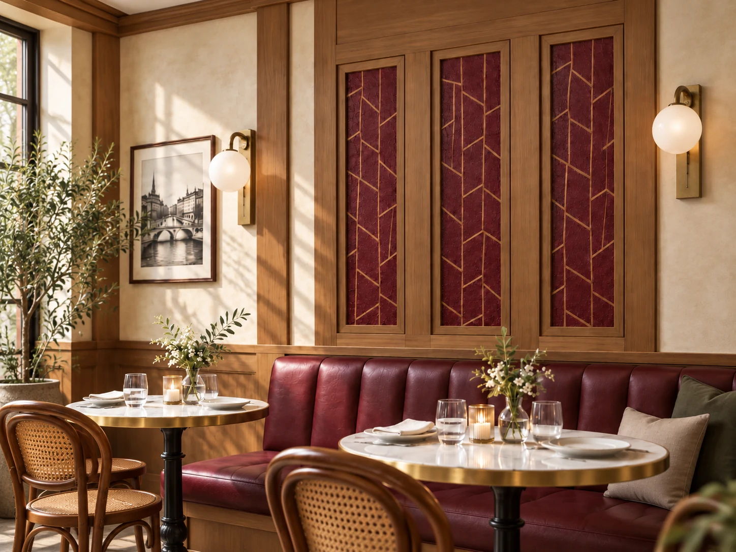Concept visualization of three narrow wood-framed Facet burgundy and gold panels in a casual French bistro, lit by natural daylight.