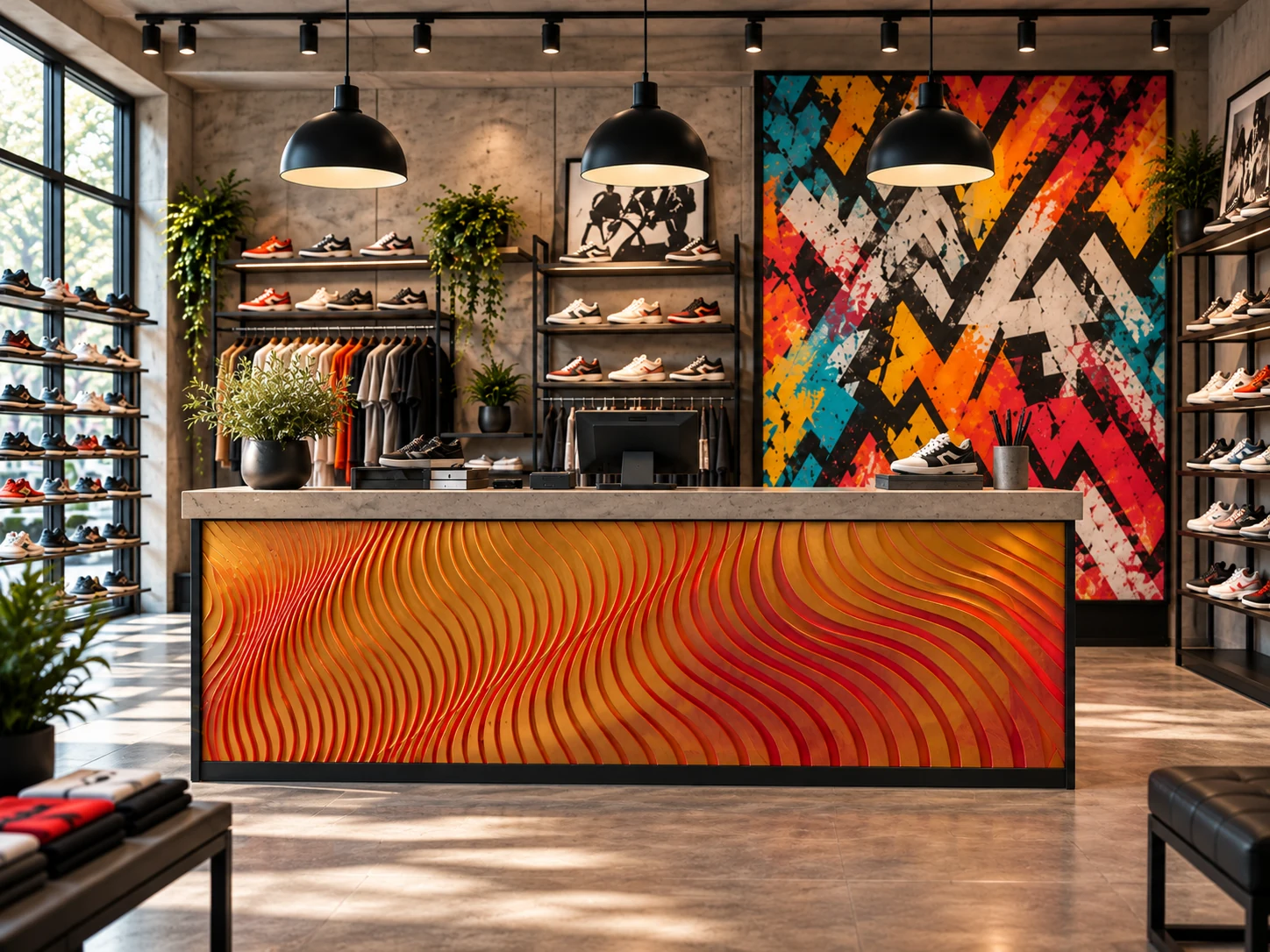 Concept visualization of a sneaker boutique with a frontal conventionally framed checkout counter and orange dimensional waves.