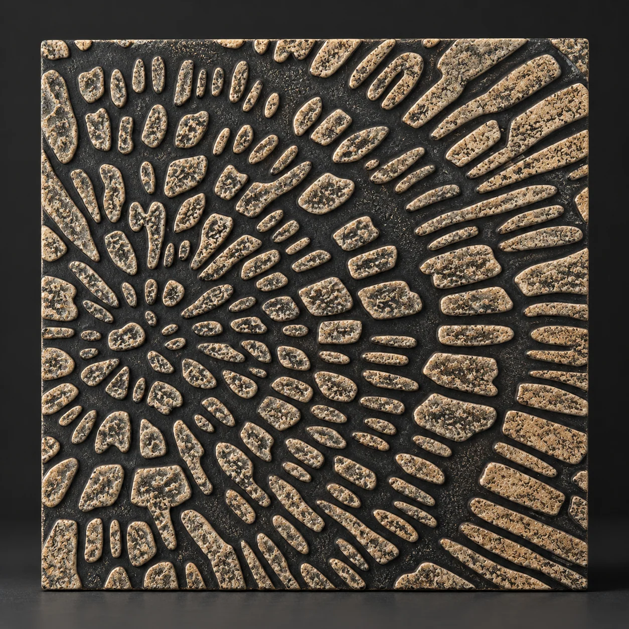 Illustrative finish study with a dark mineral ground and soft golden highlights on a dimensional radial texture.