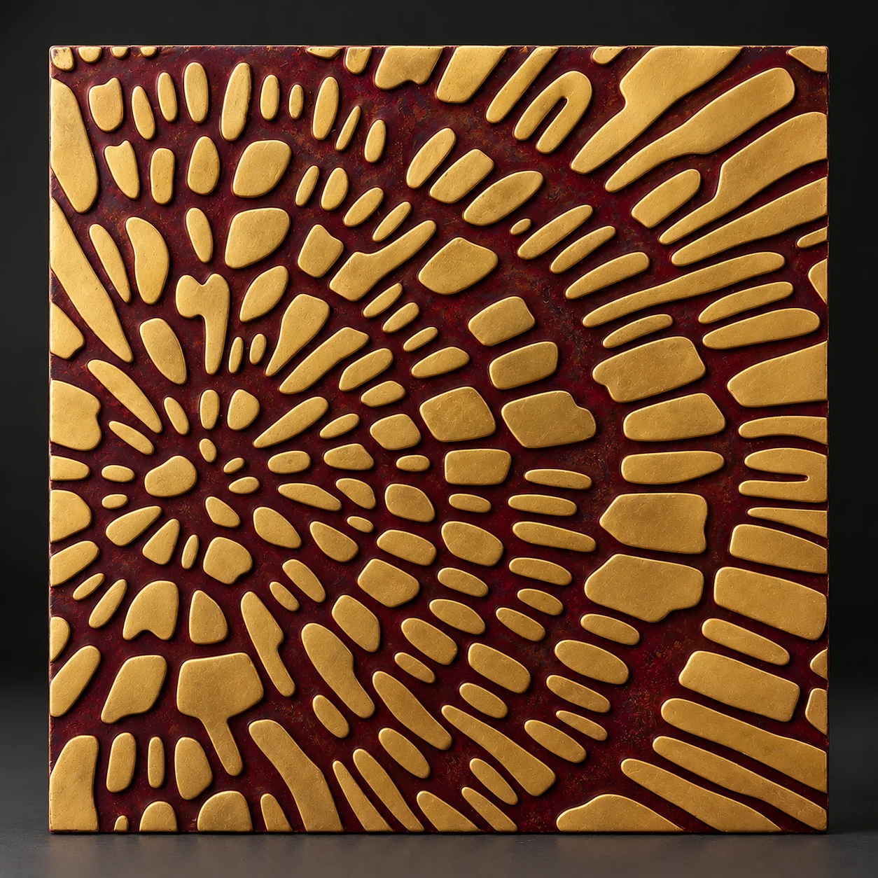 Illustrative Artemis finish with burgundy ground and smooth sanded-looking yellow-gold relief.