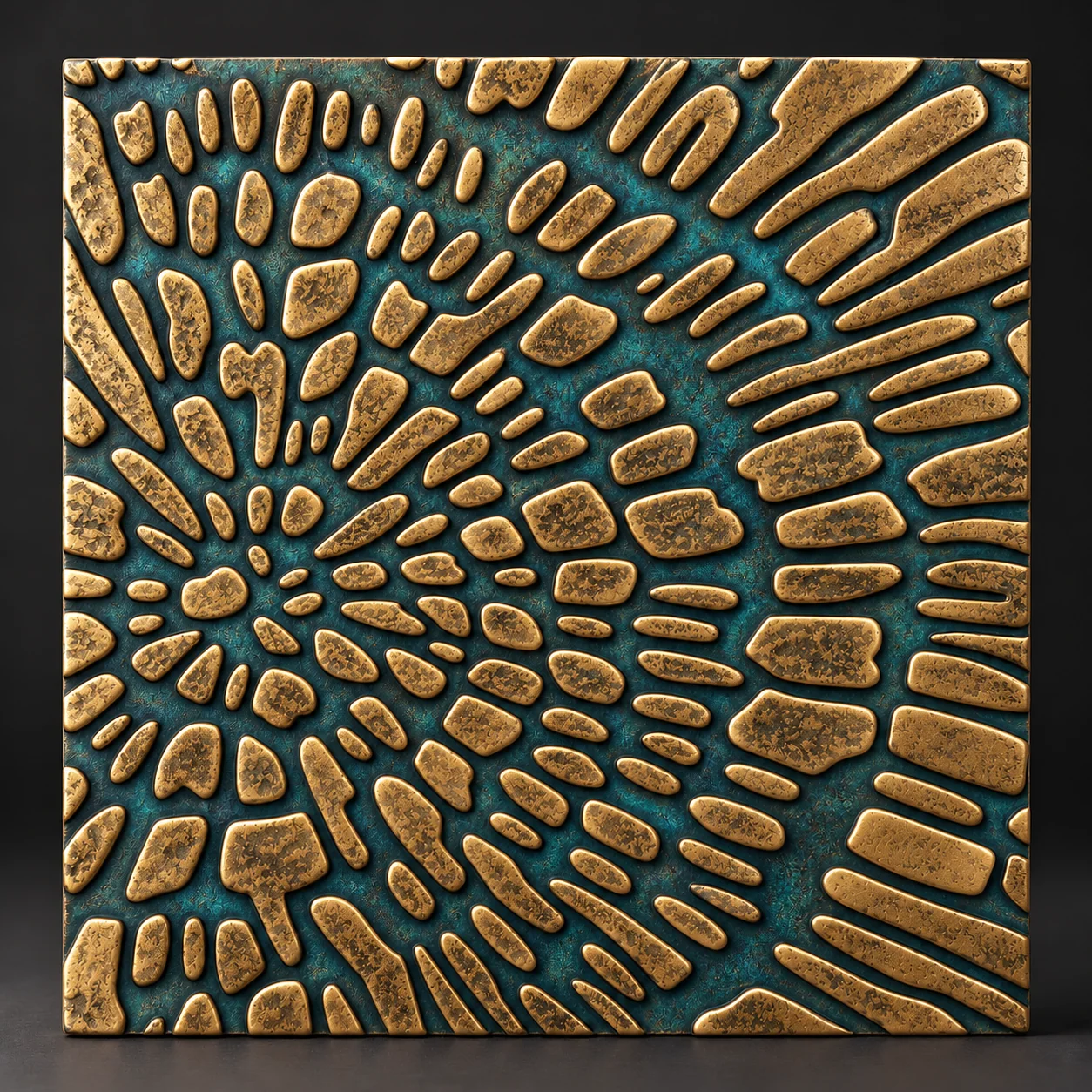 Illustrative metal-like finish with green-blue patinated ground and warm polished brass-colored relief.