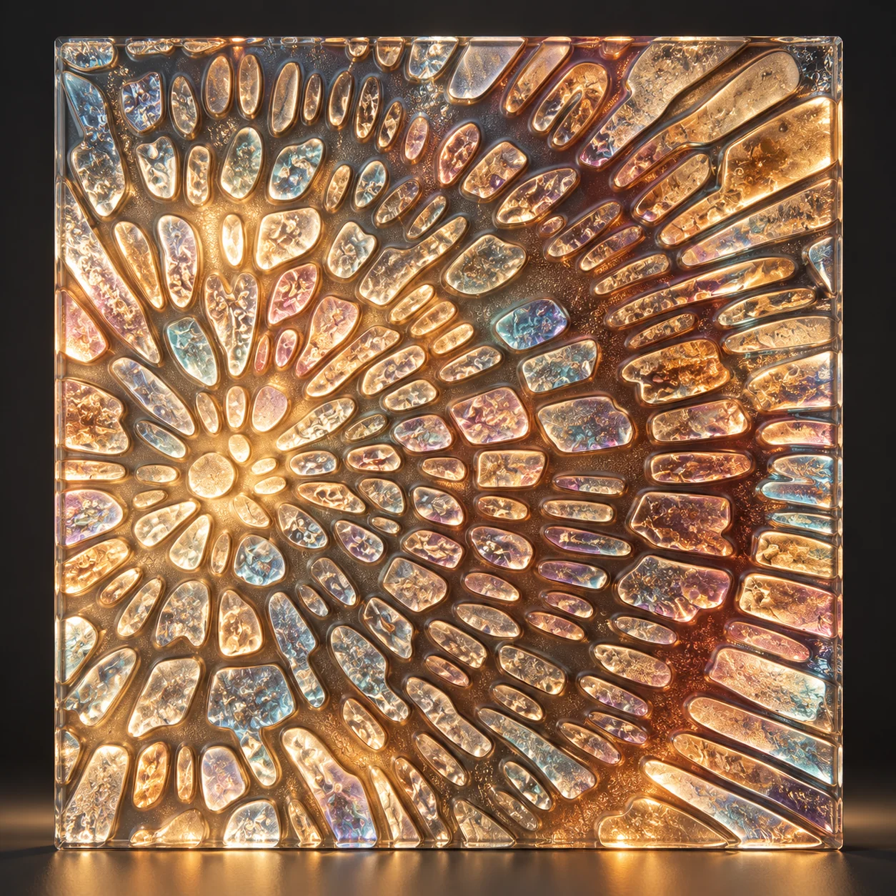 Illustrative light-transmitting translucent radial relief panel with an amber glow and hints of blue and rose.
